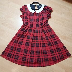 Torrid Red Black Plaid Short Sleeve  Collared Mini Dress Lace Back 1X Stretch